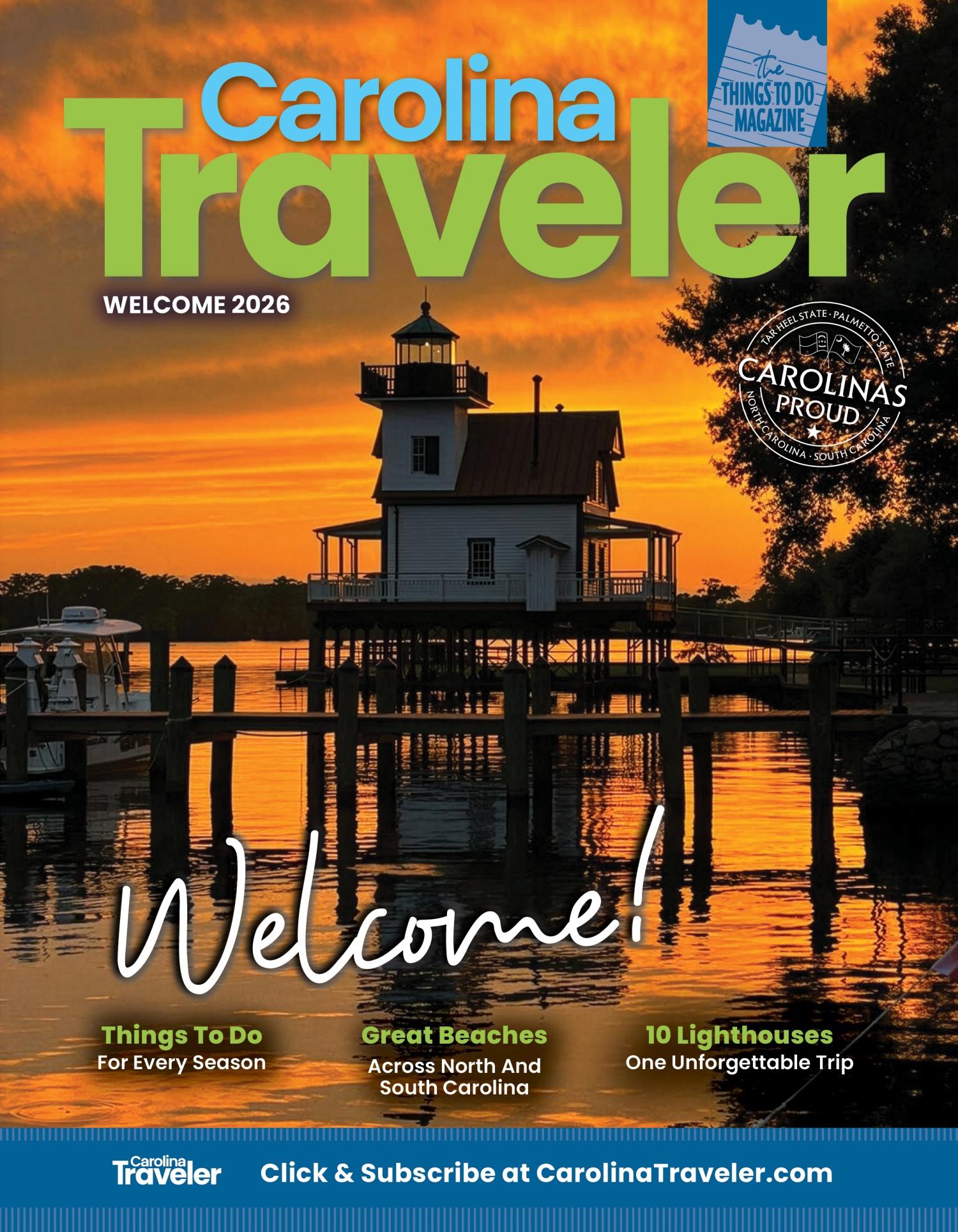 Carolina Traveler Welcome 2026 issue cover — lighthouse at sunset